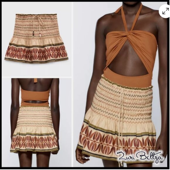 NEW Zara Boho Linen-Blend Embroidered Smocked Ruffle Mini Skort Skirt, Size XS - Picture 2 of 16